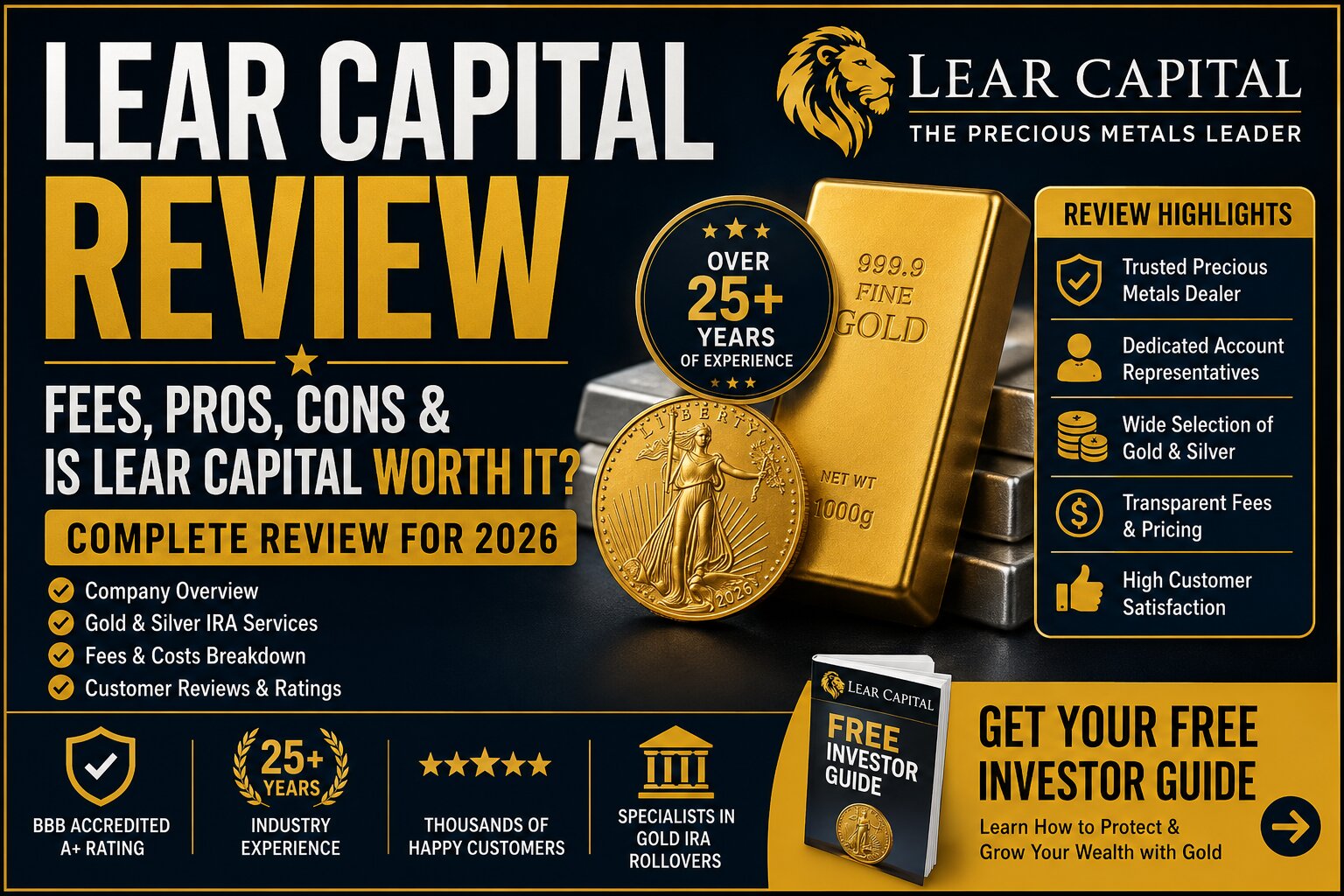 Lear Capital Review 2026 covering Gold IRA fees pros cons and company details